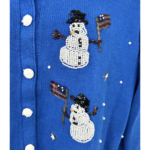 STORYBOOK KNITS AMERICAN SNOWMEN SEQUIN BEAD SNOWMAN FLAG GRANNY CORE CARDIGAN - Picture 2 of 7